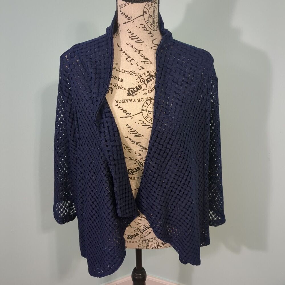 Slinky Brand 3/4 Sleeve Texture Open Front Cardigan 1x Navy